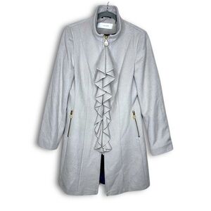 T TAHARI Light Gray Wool Blend Victorian Ruffle Front Mock Neck Pea Coat Size 12